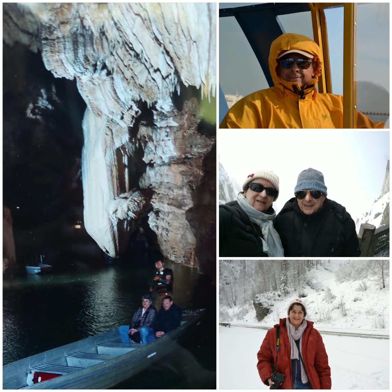 Isabel y Santiago, clientes de Diamond Travel Services, en un viaje de nieve y en una cueva